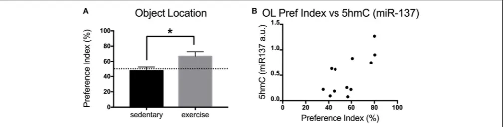 FIGURE 3 | Impact of exercise on memory (OL) in aged mice.Correlation between hippocampal 5hmC ( (A) Preference index for the OL test for young and aged mice that exercised or remained sedentary