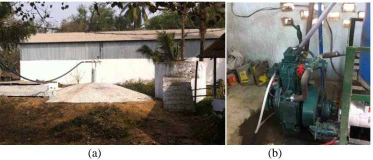 Figure 1. Anaerobic digester producing biogas on a rural cattle farm in India showing (a) the digester vessel and (b) the reciprocating engine for electricity generation