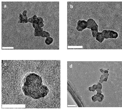 Figure 2. Representative TEM images of centrifugation-extracted soot aftersonication in heptane for 10 minutes with agglomerates in the size range (a)-(c) 35-240 nm and (d) above 400 nm