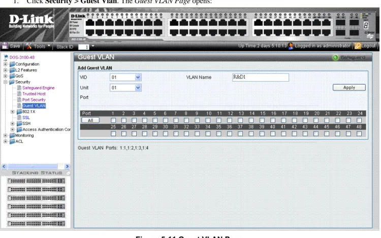 Figure 5-11 Guest VLAN Page  The Guest VLAN Page contains the following fields:  