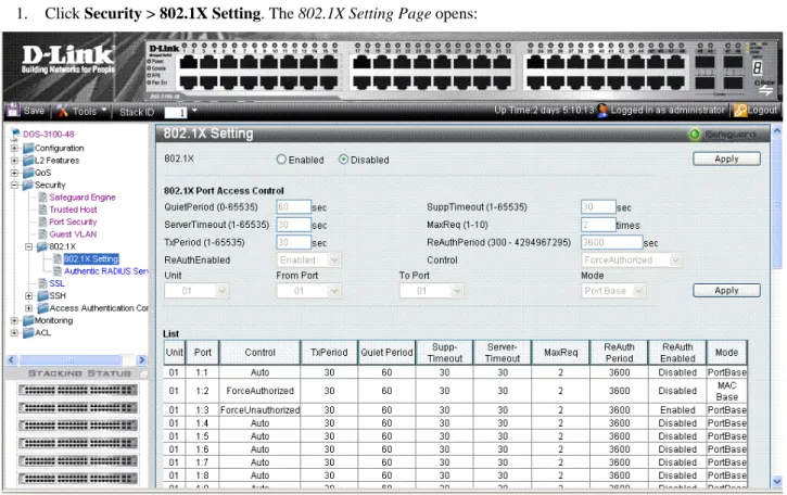 Figure 5-12. 802.1X Setting Page   The 802.1X Setting Page contains the following fields:  