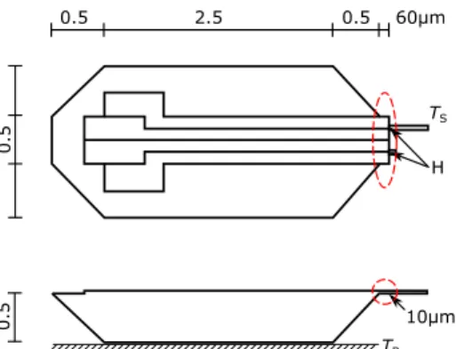 Figure 8. Microcantilever geometry used for thermalization calculations. H marks the position of the heating piezo  ele-ments, T B and T S are the base and sample temperature  re-spectively