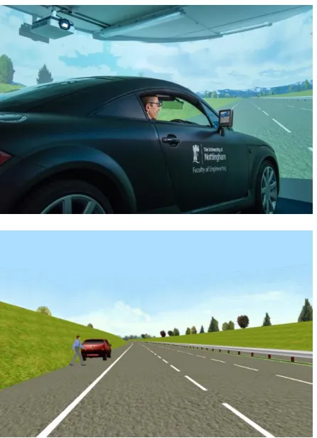 Fig. 1.  Medium-fidelity driving simulator showing motorway scenario used during study (top) and driving scenario showing potential hazard situation 