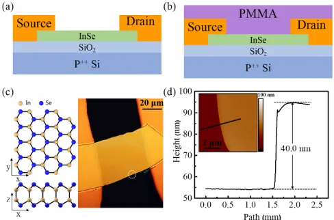 Figure 1. Schematic of back-gate InSe-based FETs (a) without or (b) with PMMA as channel encapsulation, 