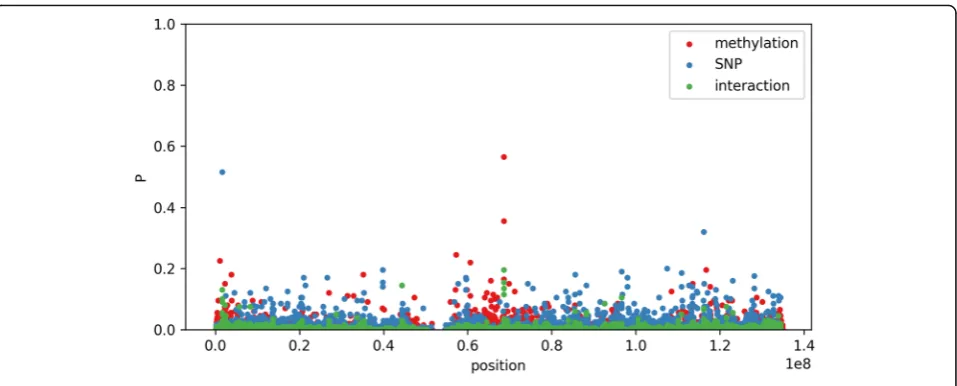 Fig. 3 Probability that a CpG site, SNP, or interaction is selected in the interaction model on chromosome 11