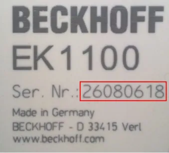 Fig. 2: EK1100 EtherCAT coupler, standard IP20 IO device with batch number