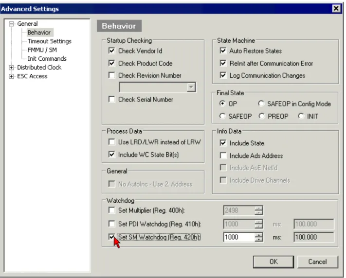 Fig. 11: EtherCAT tab -> Advanced Settings -> Behavior -> Watchdog Notes: