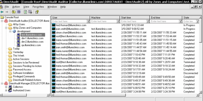 Figure 2-2. DirectAudit Console. Here you see all sessions on a specific machine, sorted by start time