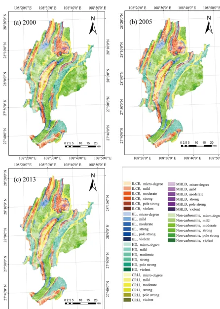 Figure 7. Spatial distribution of soil erosion in different rock outcrop areas.