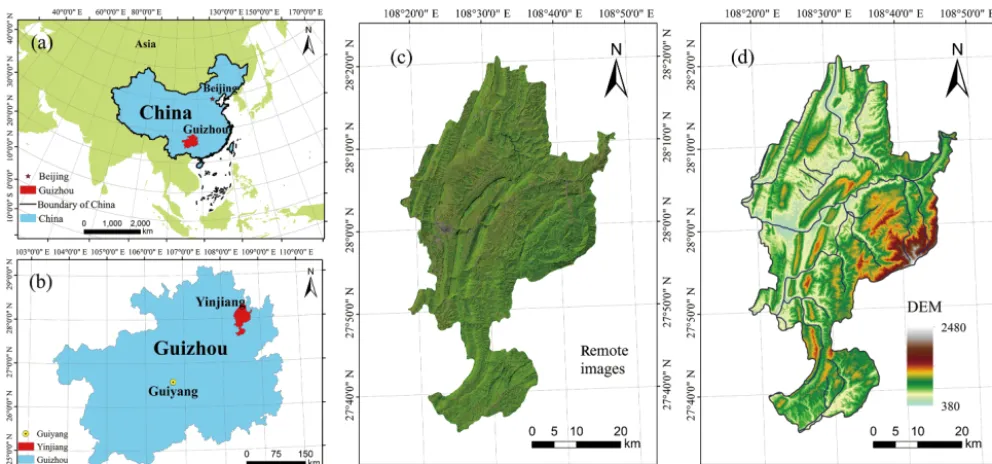 Figure 1. Study area in Guizhou, China (a, b). Study area remote images (c) and topography (d).