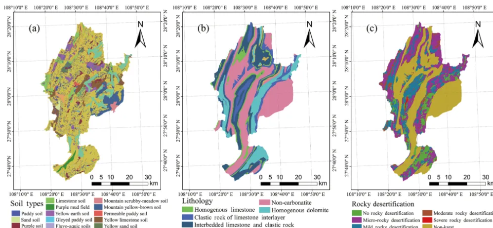Figure 2. Study area geological background: soil map (a), lithology (b), and rocky desertiﬁcation (c).