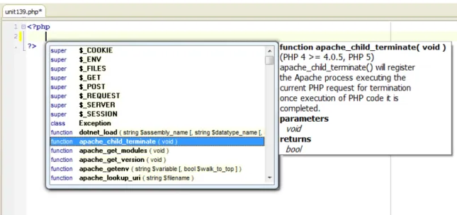 Figure 8  Code Insight and PHP documentation for the function apache_child_terminate. 