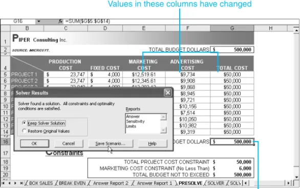 Figure 25.12 The calculations appear in the lower left while Excel runs through all the  con-straints set.