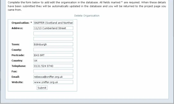 Figure 4:7 Edit / Delete organisation form 