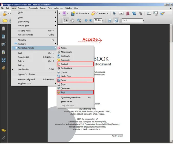 Figure 1: open the Content, Order and Tags navigation panels by selecting the corresponding option  in the menu