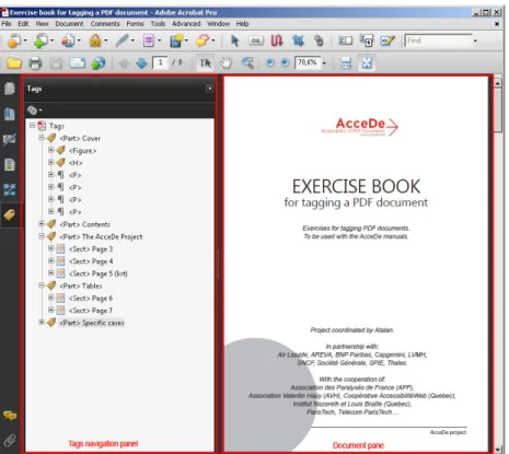 Figure 3: The Tags navigation panel is shown on the left; on the right you can see the document pane  of the file “tagged-exercises-book.pdf”