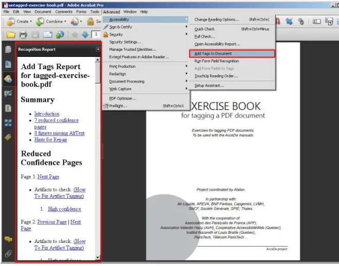Figure 9: the Add tags to document functionality   and the recognition report generated by Acrobat Pro