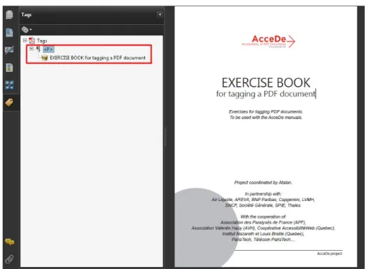 Figure 12 : In the tag tree, the <P> tag now contains “Exercise book for tagging a PDF document” 