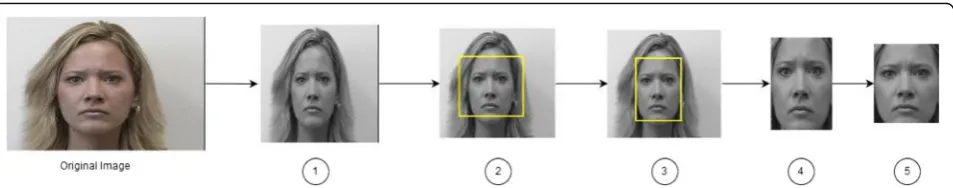 Fig. 4 Image preprocessing: (1) Gray scaling and resizing, (2) Viola–Jones, (3) border adjustment, (4) cropping, and (5) additional resizing• Viola-Jones