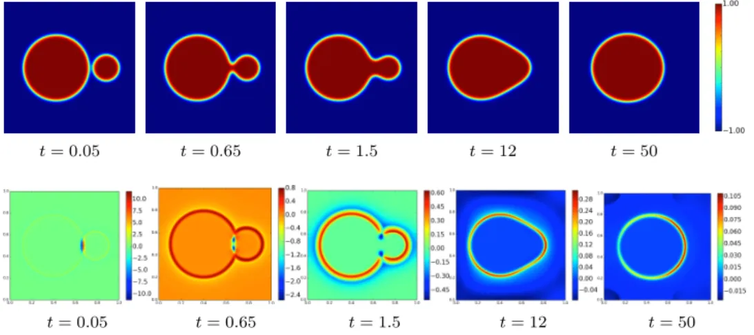 Fig. 3: Droplet coalescence for non-matched densities: Evolution of phase variable, φ