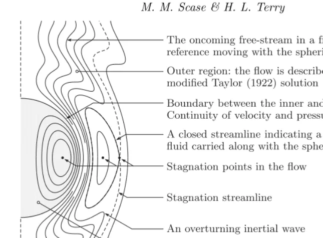Figure 1: Schematic of the ﬂow in a frame of reference moving with the spherical vortex.The grey inner region consists of either the non-precessing Hill (1894) or Moﬀatt (1969)solutions