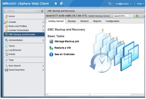 Figure 7: EMC Avamar Plug-In for vSphere Web Client Home Screen  As shown here in Figure 9, the plug-in brings Avamar orchestration natively within the  vSphere UI as an added sub-menu option