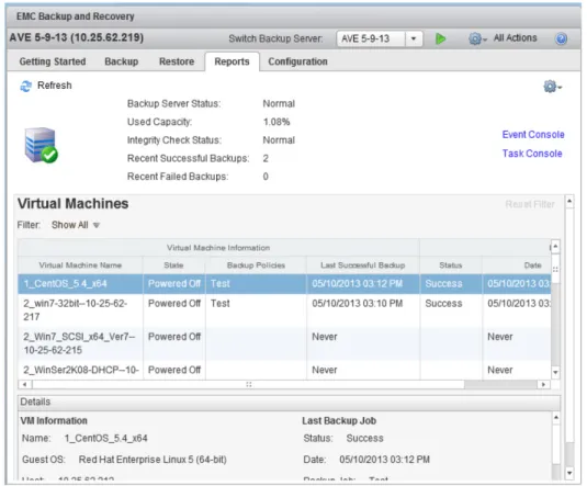 Figure 9: EMC Avamar Plug-In for vSphere Web Client Reports Tab  As you can see using either the Avamar Administrator UI or the vSphere Web UI, both  administrators are able to view consistent data metrics and status across the entire  VM backup and recove