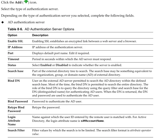 Table 8 ‑6.  AD Authentication Server Options Option Description