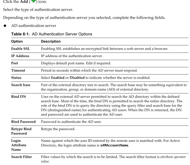 Table 6 ‑1.  AD Authentication Server Options Option Description