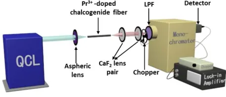 Fig. 1. Experimental set-up for the PL measurements of Pr3+Expanded InGaAs, and HgCdTe, detectors were respectively used for the NIR PL, and MIR PL, A quantum cascade laser (QCL) operating at a wavelength of -doped chalcogenide-selenide fiber