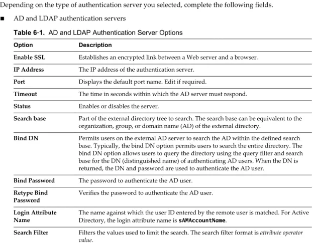Table 6 ‑1.  AD and LDAP Authentication Server Options
