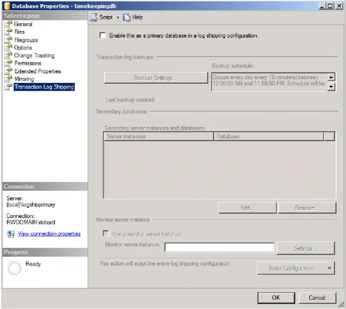 Figure 2 - Transaction Log Shipping database properties 