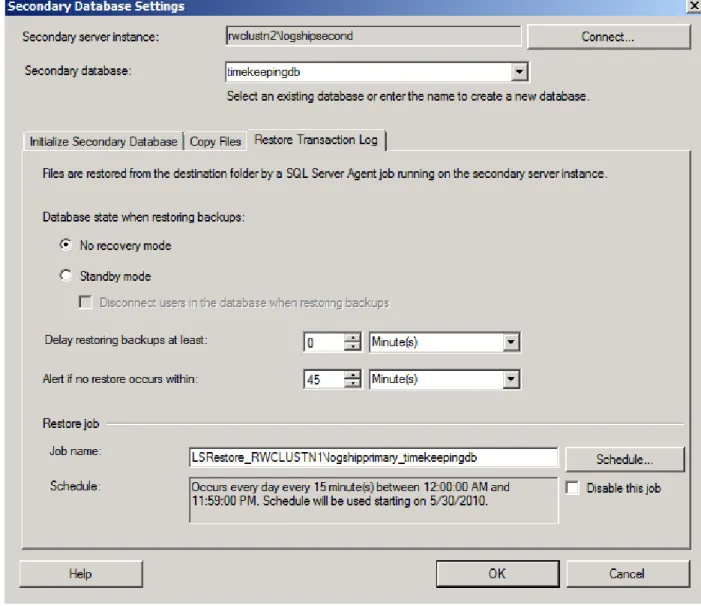 Figure 6 – The Restore Transaction Log tab of the Secondary Database Settings dialog box 