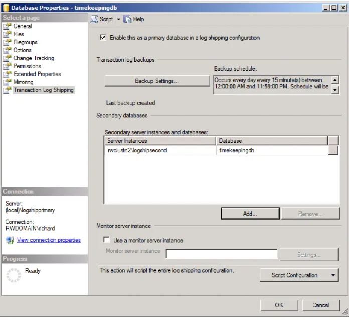 Figure 7 – The completed Log Shipping properties dialog box 