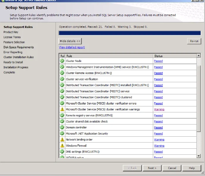 Figure 10 – Setup Support Rules with Cluster Validation 