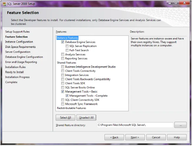 Figure 3 - SQL Server Features Required for a Teamcenter Installation (SQL Server 2008) 