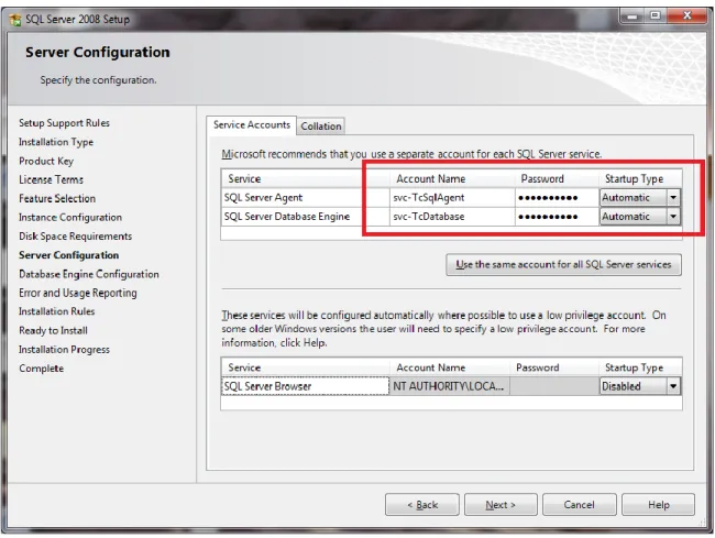 Figure 4 - SQL Server Service Accounts (SQL Server 2008) 