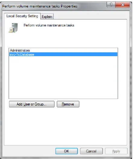 Figure 6 - Granting SE_MANAGE_VOLUME_NAME to SQL Server Database Engine Service Account 