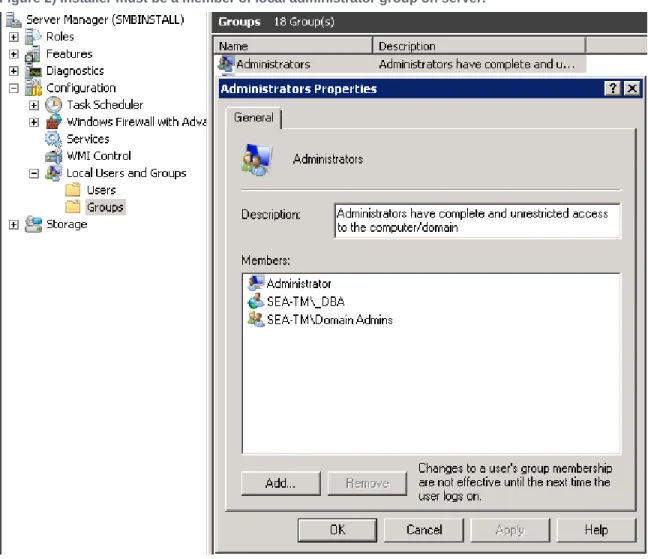 Figure 2) Installer must be a member of local administrator group on server. 