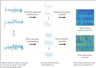 Fig. 3. Data transformation of variable length human behaviour signals in a video to fixed-size two-dimensional amplitude and phase spectra.