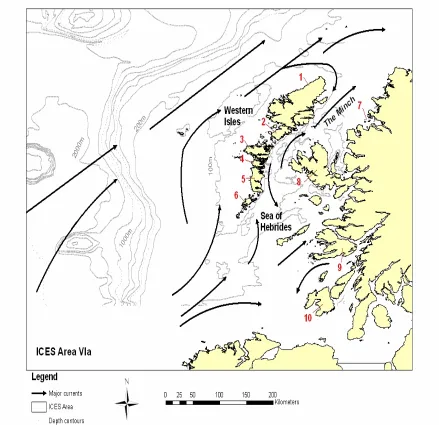 Figure 1. ICES area VIa west of Scotland showing major currents, sea areas and island groups; 