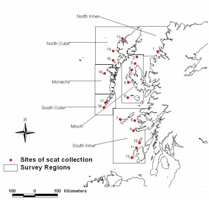 Figure 6. Survey regions and sites where scats were collected; 1. Summer Isles, 2. Shiants, 3