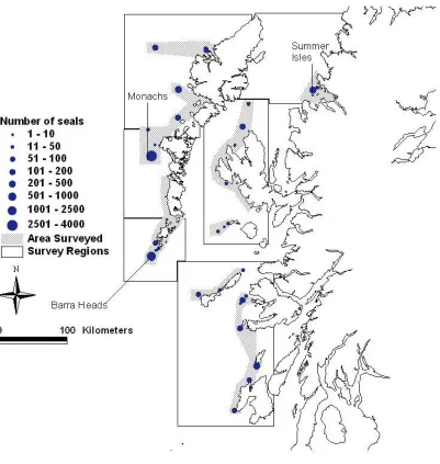 Figure 7. Area surveyed and number of grey seals counted during helicopter surveys between 28 February and 3 March 2002