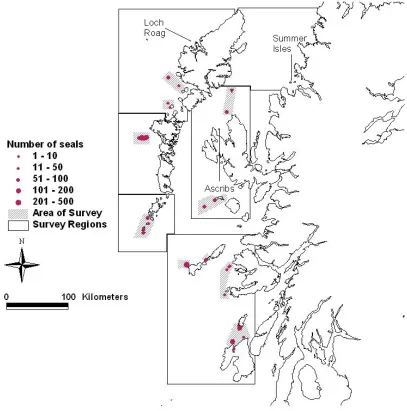 Figure 10. Area surveyed and number of grey seals counted during yacht surveys between 19 and 29 August 2002