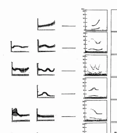 Figure 2.1; Selected whistle types of bottlenose dolphin subjects previous to the start of the Reiss & McCowan (1993) vocal mimicry study (left two columns) and spectrograms of model whistles used in that study (right column)