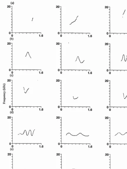 Figure 3.2: Three randomly chosen spectrograms of each of the more variable whistle types: (a) 