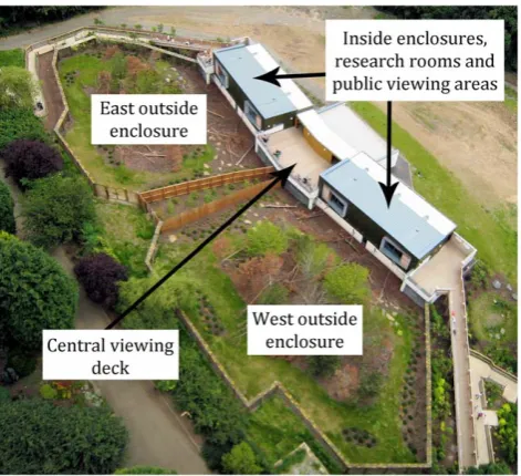 Figure 2. Aerial view of Living Links, showing East and Westenclosures, viewing decks for researchers and the public, innerhousing (containing research rooms and viewing corridors).Photo: Stephen Evans.