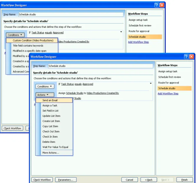 Figure 3: Workflow Designer enables you to select conditions and   actions from drop-down lists and check boxes
