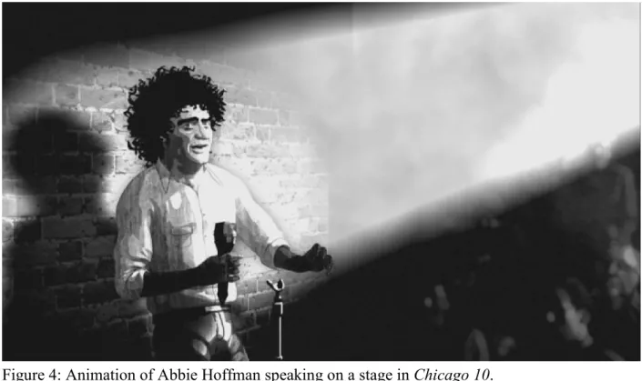 Figure 4: Animation of Abbie Hoffman speaking on a stage in Chicago 10. 