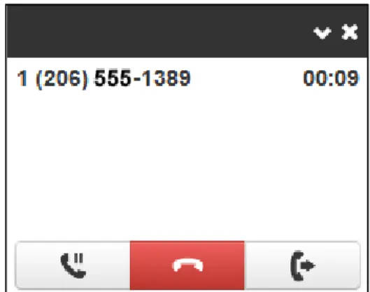Figure 2-3 shows an active call window that displays the caller ID and call time. The three  controls at the bottom of the window let you hold, hang up, or transfer the call